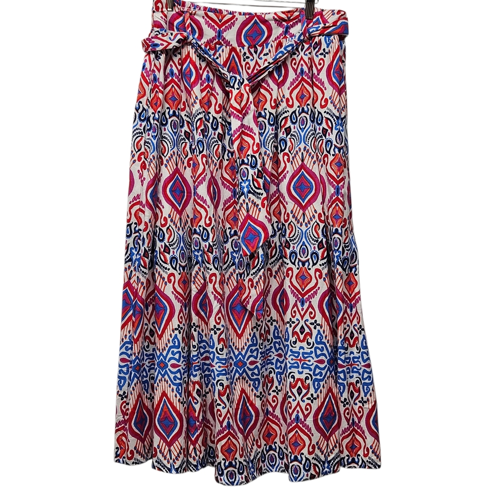 Japna Linen Blend Maxi Skirt Size L Colorful Ikat Pocket Tie Front Boho Eclectic